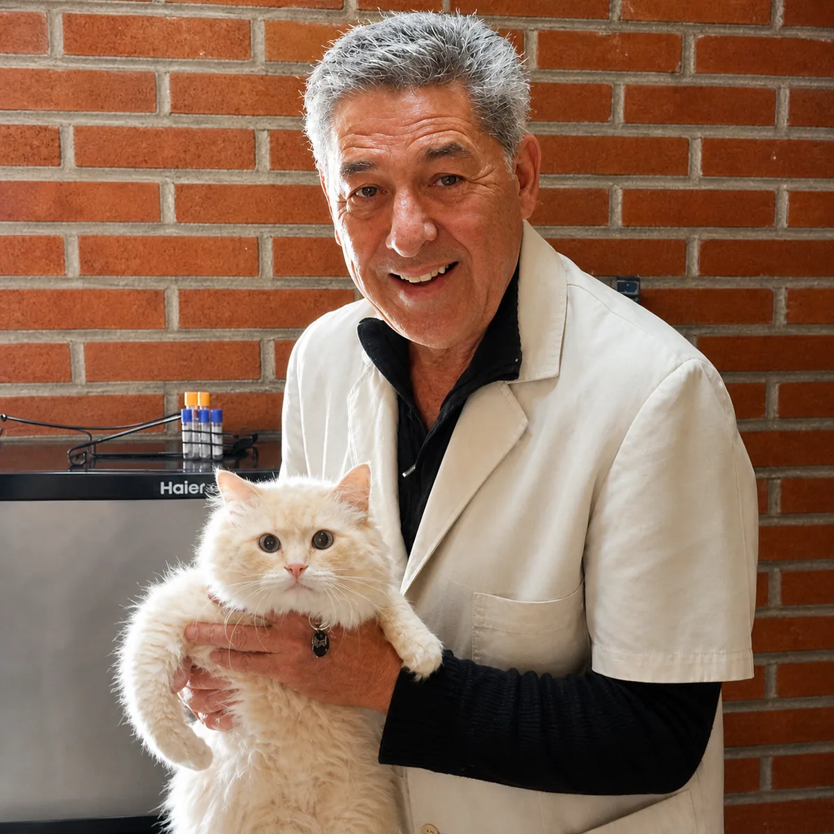 Dr. Enrique Gosling con mascota en consulta veterinaria